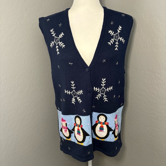 Sweaters - Vintage Navy Blue Penguin Embroidered Sweater Vest Size Large